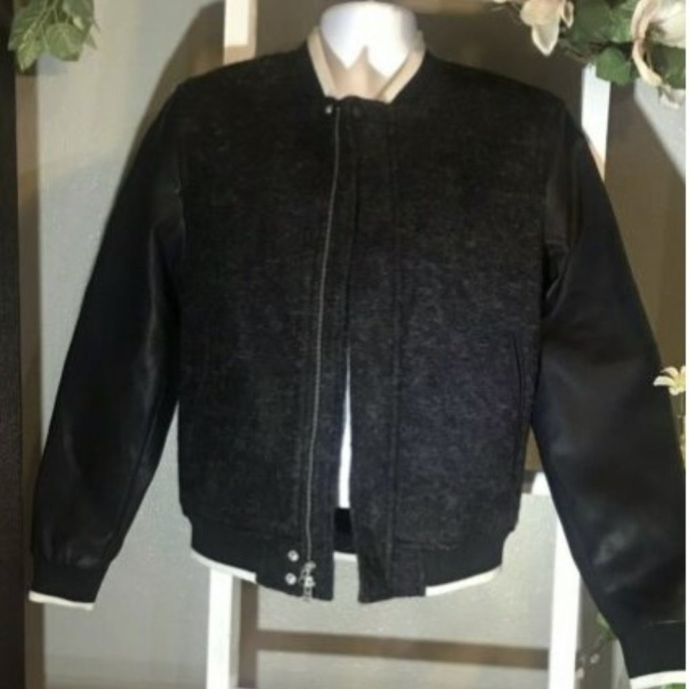 Wool & Faux Black Leather Varsity Bomber Jacket
